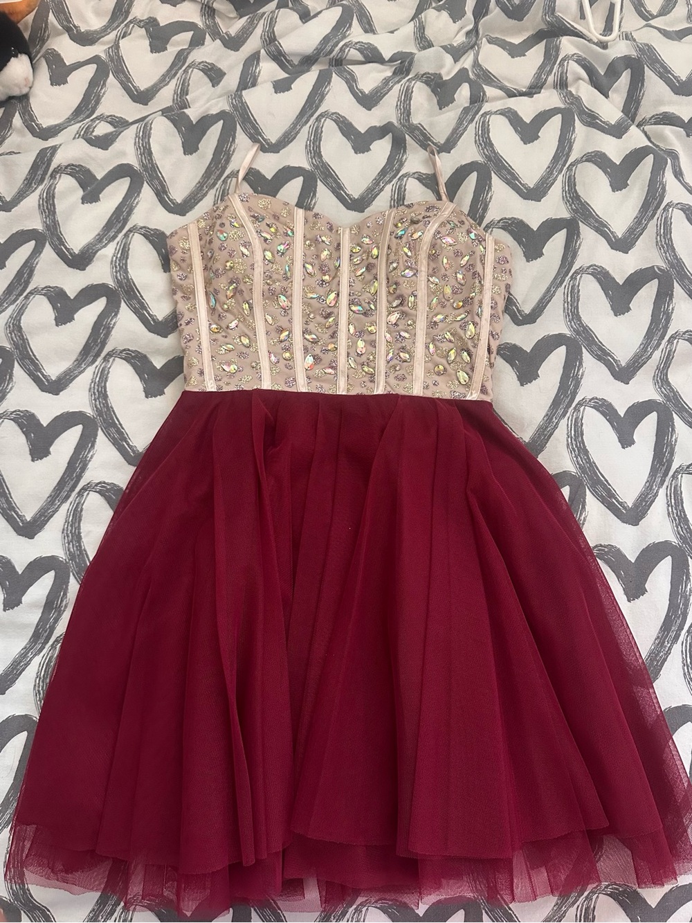 Embellished Burgundy Tulle Prom Dress with Ivory Jeweled Bodice